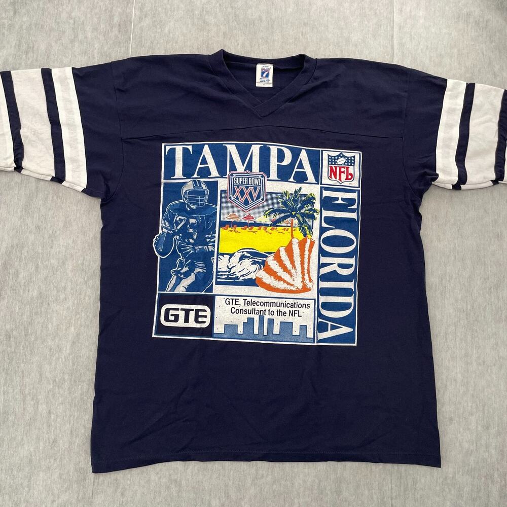 VINTAGE Super Bowl XXV Shirt Adult XL Blue Tampa Florida NFL Football Mens 90s